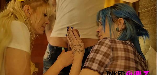  Inked Gurlz - 2 Inked Lezzie Ass Fucked by a Guy
